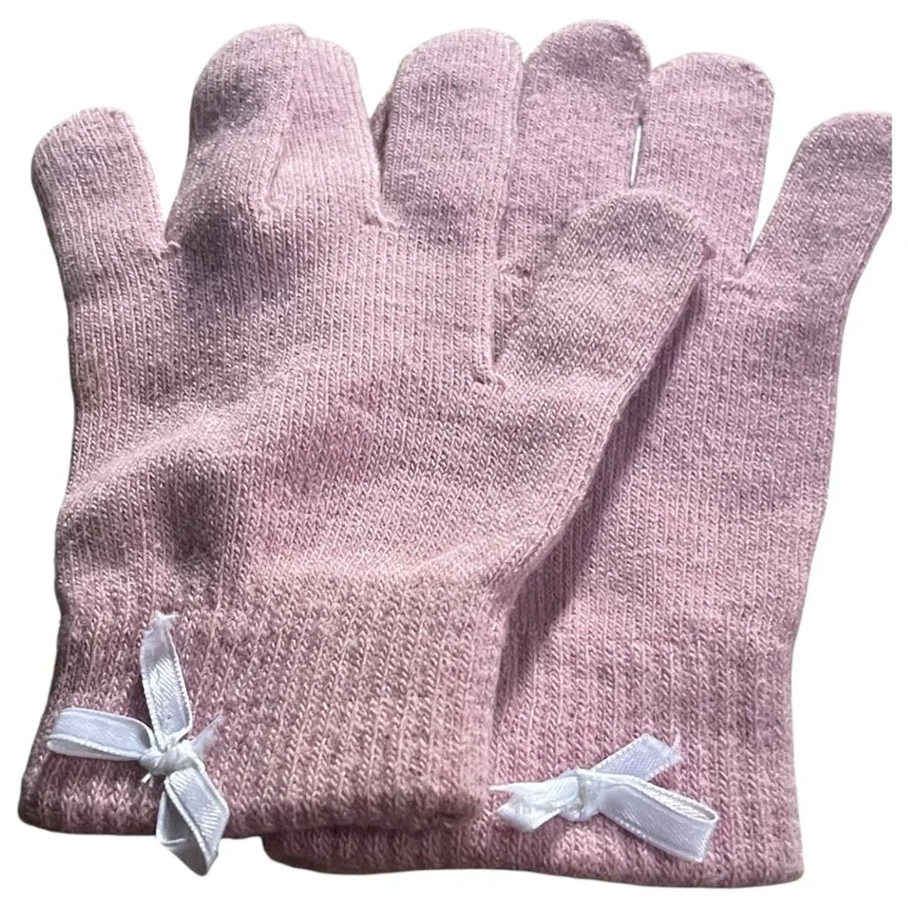 Soft Dusty Pink Knit Gloves Mittens w/White Bow Accent | One Size | Cozy Winter